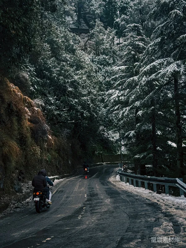 高清摄影 雪景中的骑行之路