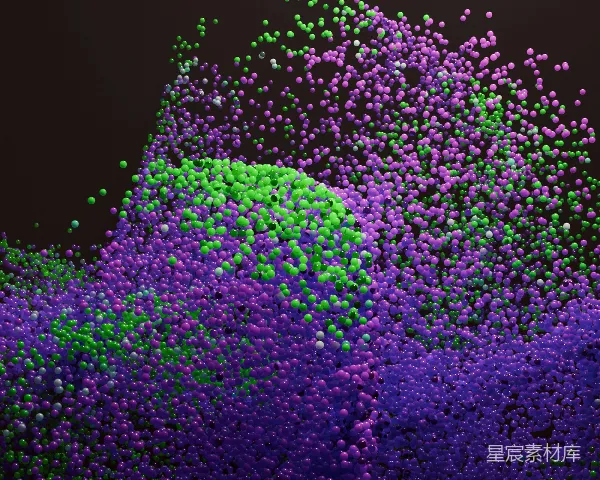 高清摄影 黑色背景上漂浮着紫色和绿色的漩涡粒子