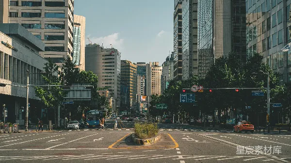 高清摄影 路旁近高层建筑处的车在白天行驶。