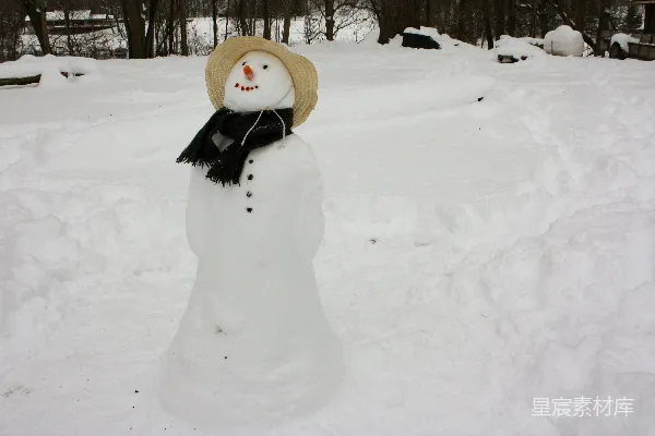 高清摄影 雪地上的戴白帽子的雪人白天在覆盖着白雪的地面上
