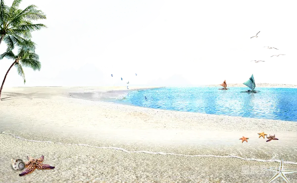 元素素材 海滩上的海星与帆船