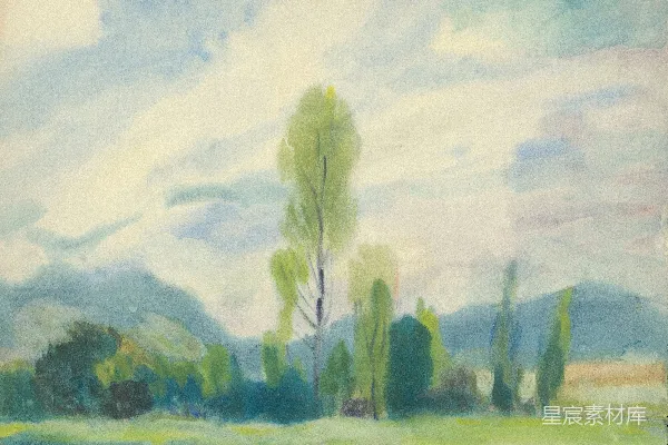 高清摄影 一幅宁静风景的画作，有树木和山峦。
