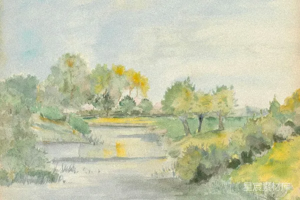 高清摄影 一幅宁静的水彩河岸树木风景画。