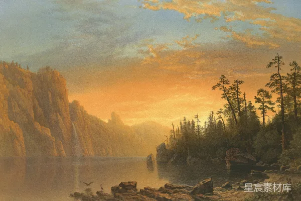 高清摄影 夕阳下的山间湖泊画卷