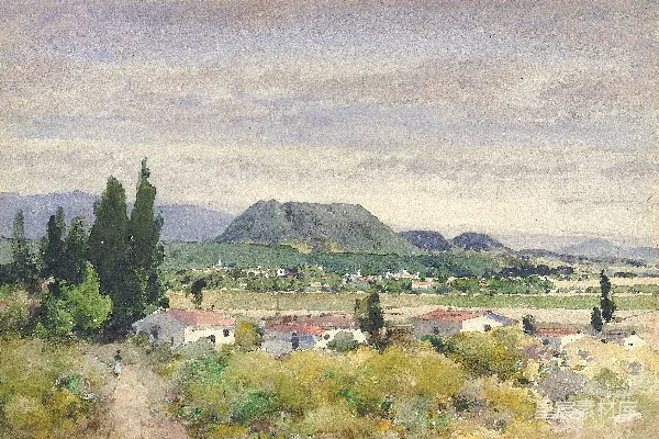 高清摄影 一幅描绘乡村景色的水彩画，背景是连绵起伏的 hills。