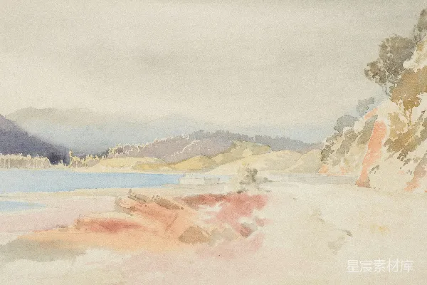 高清摄影 一幅宁静湖泊和起伏山峦的水彩风景画。