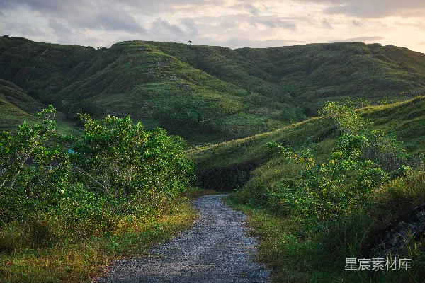 高清摄影 一条道路蜿蜒穿过郁郁葱葱的绿山。