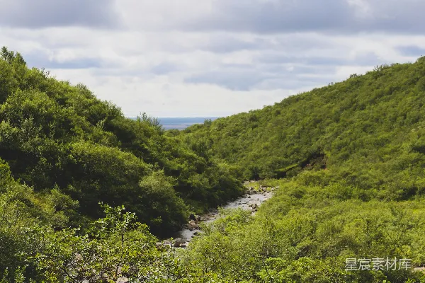 高清摄影 山中绿树映衬着蓝天白云的白昼景色