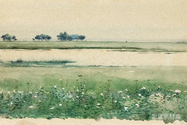 高清摄影 水彩风景画，野花和远处的树木