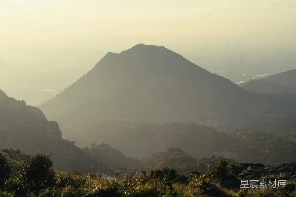 高清摄影 前景中绿色植被的朦胧山景。