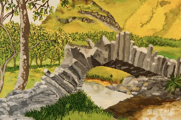 高清摄影 一幅描绘石桥横跨河流的画作