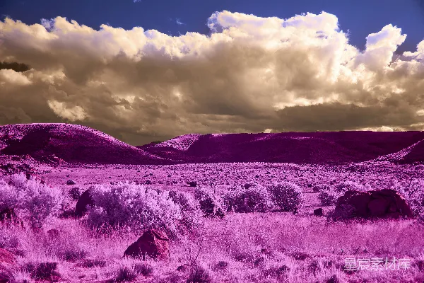 高清摄影 vibrant 粉色的；landscape 地貌；dramatic 强烈的；under 在……下；blue 天空是蓝色的。那么，翻译后的句子就是：一幅充满活力的粉色地貌，云朵在蔚蓝的天空下显得格外强烈。