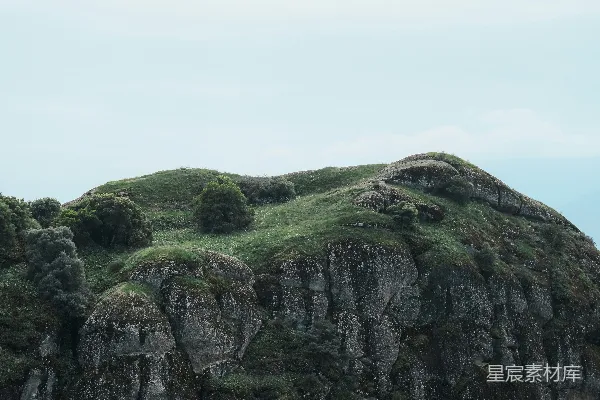 高清摄影 青草山坡上有岩石和树木。