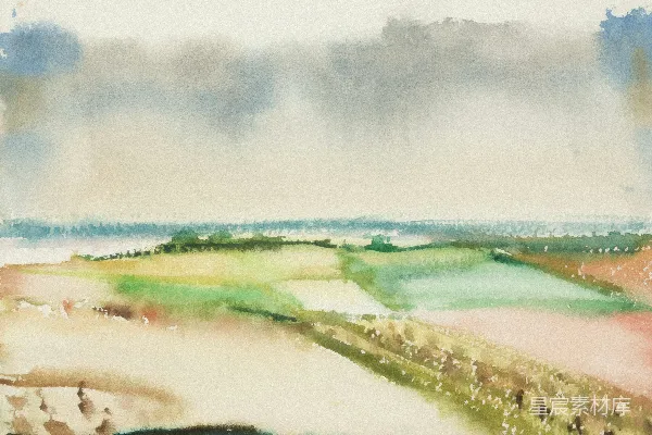 高清摄影 云层下的丘陵地带水彩风景画。