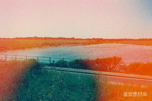 高清摄影 充满活力的风景，湖边有一条道路和草坡田野。