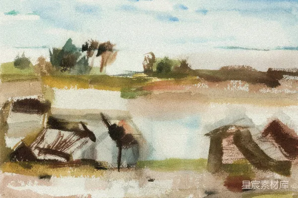 高清摄影 山水画，抽象的建筑与树木