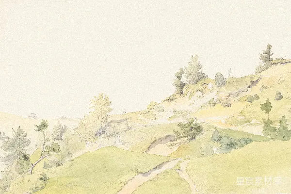 高清摄影 一幅描绘山坡地带有树木的画作