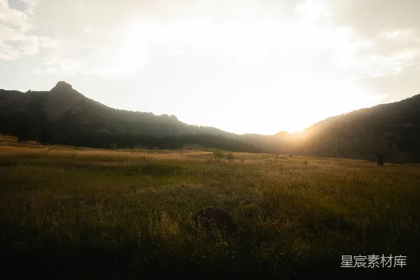 高清摄影 金色夕阳映照着一片草甸，远处是连绵的山峦。