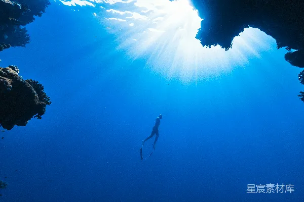 高清摄影 海边一个人在近洞穴的地方游泳