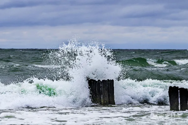 高清摄影 海浪拍打着海边的木桩。