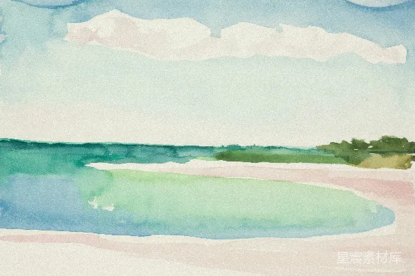 高清摄影 一幅宁静海滩风景的水彩画，天空中有轻柔的云朵。