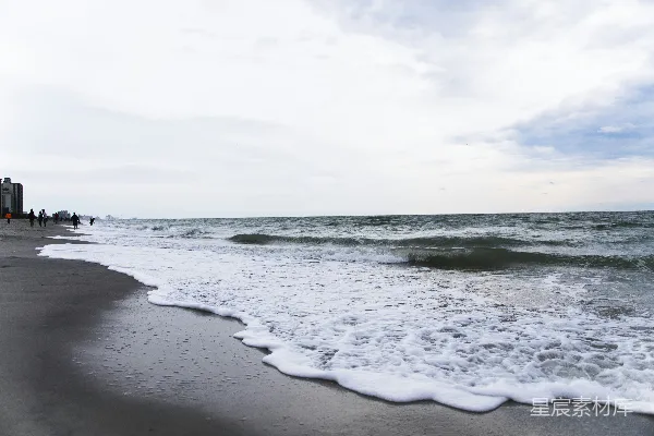 高清摄影 一群人在海边的沙滩上站立，靠近大海。