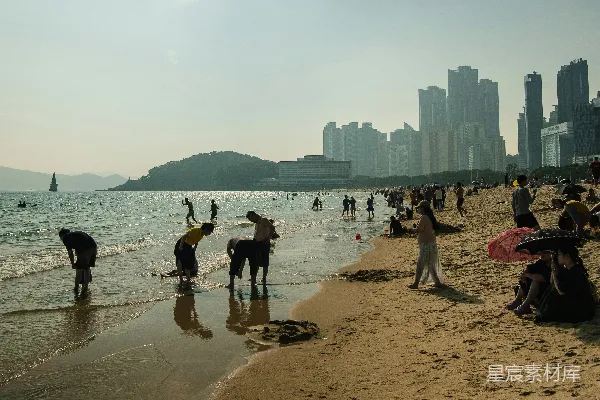 高清摄影 许多人正在海滩上和水里。