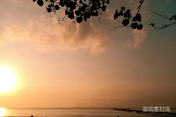 高清摄影 夕阳下海滩上的人影轮廓