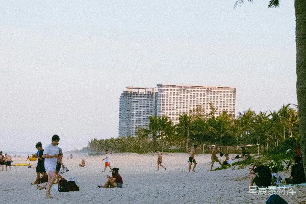 高清摄影 海滩场景中有人群、棕榈树和远处的酒店。