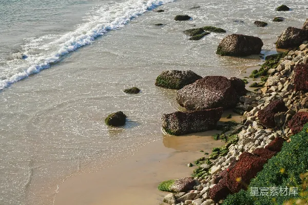 高清摄影 一块岩石海滩上有人在水中