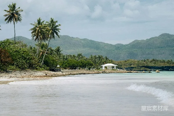 高清摄影 热带海滩，棕榈树环绕，远处是山峦。