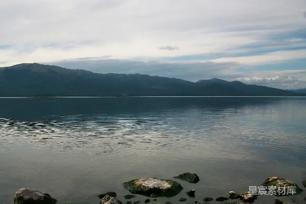 高清摄影 一片岩石嶙峋的海滩，背景是水面。
