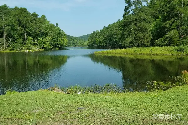 高清摄影 蓝天之下湖边绿草地上白天的景象
