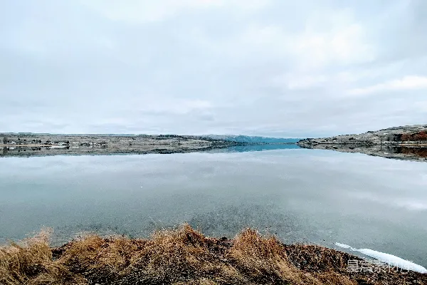 高清摄影 白天，草地边缘靠近水体处有棕色的草，在白云下。