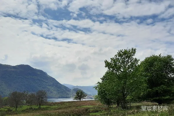 高清摄影 山下绿树白云间白天景色