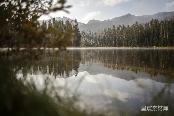 高清摄影 被树木和山峦环绕的一片水域
