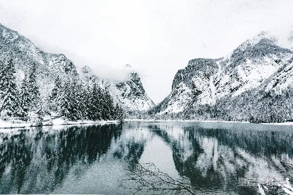 高清摄影 湖畔的雪覆盖着的山和树