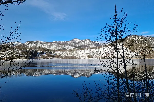高清摄影 一个被雪山和树木环绕的湖泊冻结在雪中