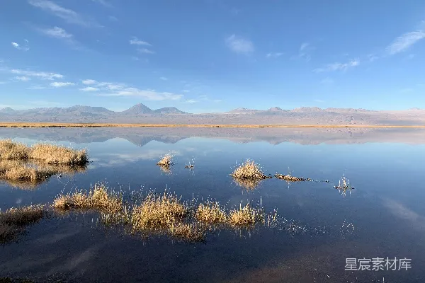 高清摄影 一片广阔的水域被干涸的草地围绕着。