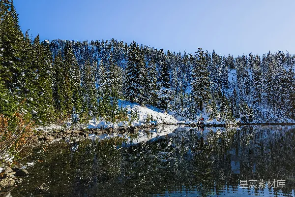 高清摄影 一个被雪山和树木环绕的湖泊冻结了冬天