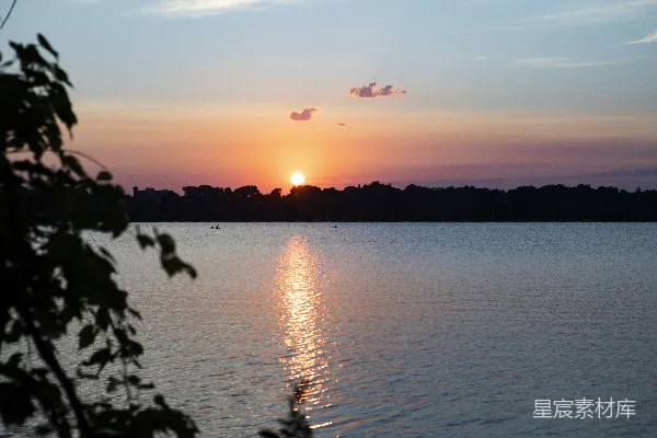高清摄影 夕阳下树木的轮廓近水处