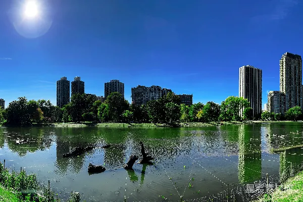 高清摄影 背景中有座城市的水域