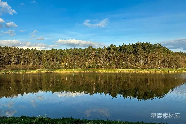 高清摄影 一片被树木和草地环绕的水域