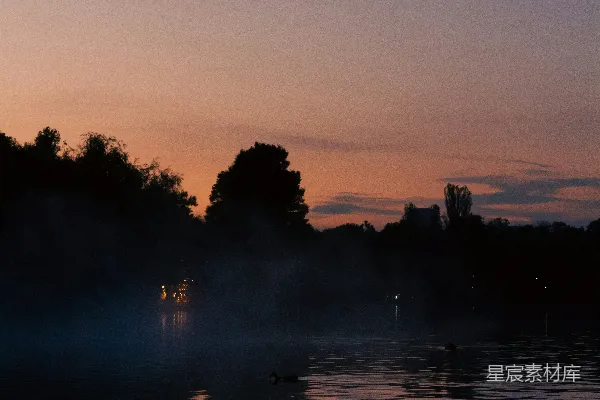 高清摄影 夕阳映照在水面上，树影斑驳。
