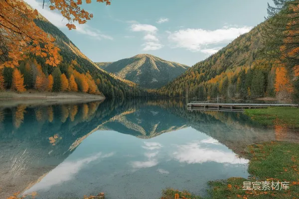 高清摄影 秋天被山和树环绕的一湖秋水