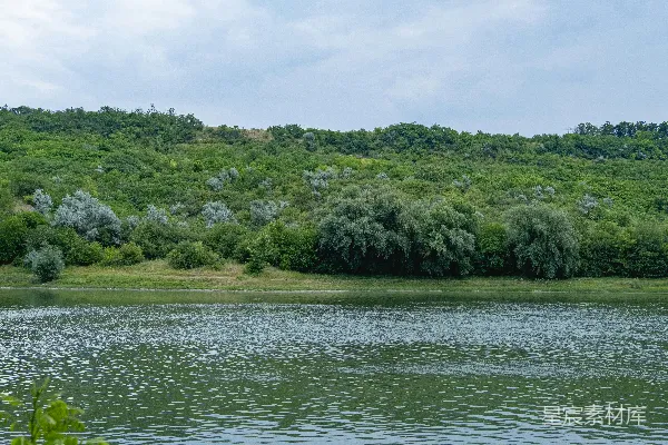 高清摄影 湖畔绿树环绕，青山作背景。