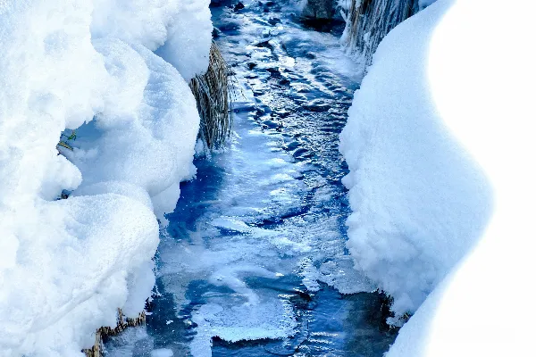 高清摄影 一条水流穿过覆盖着白雪的 landscapes