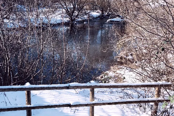 高清摄影 白天白黑两车近于覆盖着积雪的地面附近，靠近一个水体