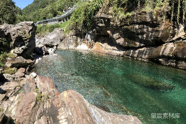 高清摄影 湖边有座桥，周围种着树木。