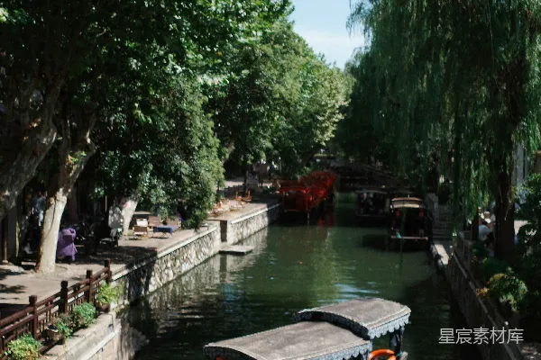 高清摄影 一条船在树影婆娑的运河中行驶。